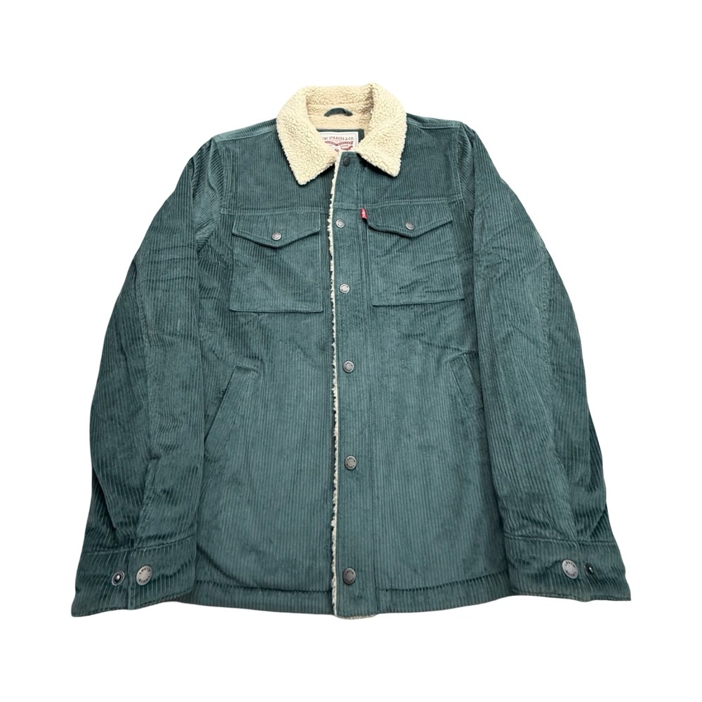 Levis Sherpa Trucker Jacket Mens Small Green Corduroy Cotton Western